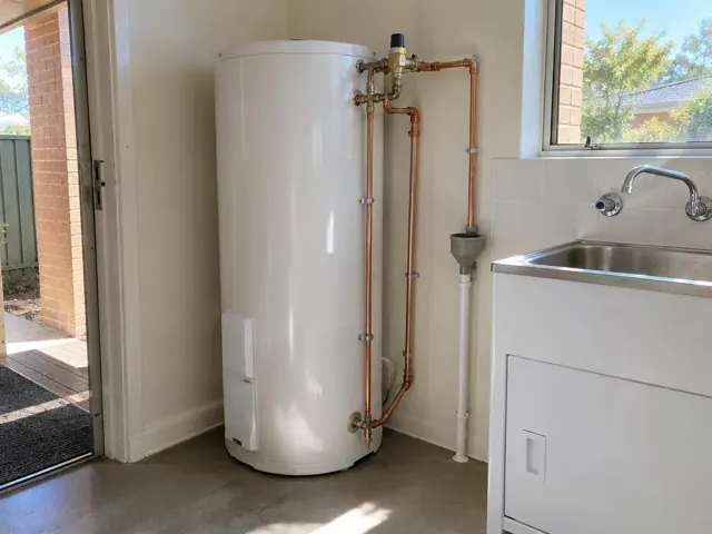 White hot water cylinder beside a sink and laundry area with copper pipework in a tiled room in Aberdare